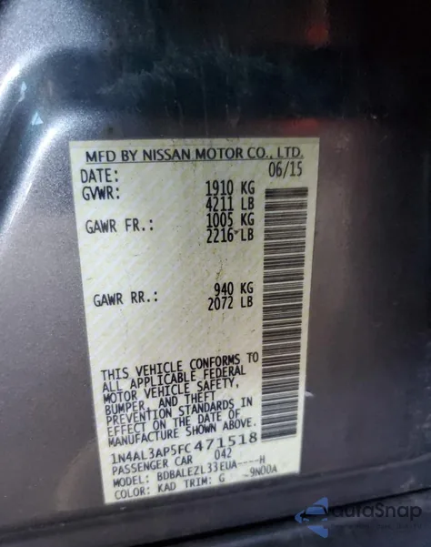 2015 Nissan Altima 2.5 from USA, damaged, VIN 1N4AL3AP5FC471518